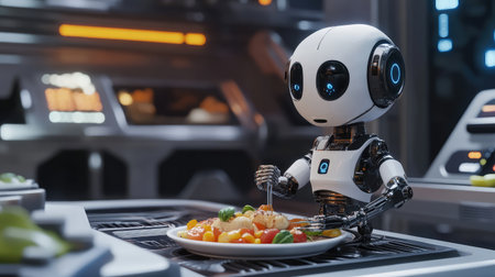 AI-controlled robotic chef preparing food in a futuristic smart kitchen, food technology and automation concept with copy space.の素材