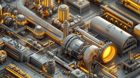 Aerial view of an advanced aerospace engineering facility with large machinery, jet engines, and complex manufacturing equipment. A high-tech industrial setting.の素材