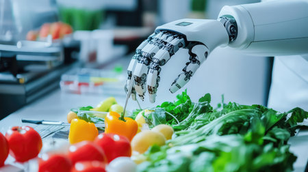 AI-controlled robotic chef preparing food in a futuristic smart kitchen, food technology and automation concept with copy space.の素材