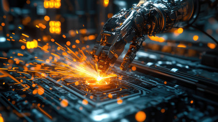 AI-controlled robotic welding system in an advanced industrial setting, sparks and glowing digital effects with cyber-tech background and copy space.の素材