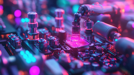 Advanced smart factory with digital interfaces controlling automated robotic arms, seamless production process with synchronized machinery in a futuristic industrial setting with copy space.の素材