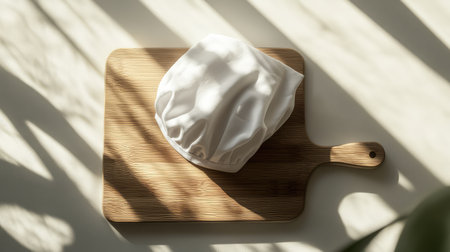 An elegant chef hat resting on a wooden cutting board with soft shadows and room for text above.の素材