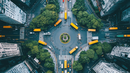 Aerial view of freight trucks on a busy road with a clear, wide sky above and plenty of space for transport-related copy.の素材