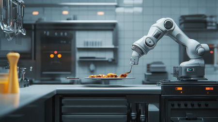 AI-controlled robotic chef preparing food in a futuristic smart kitchen, food technology and automation concept with copy space.の素材