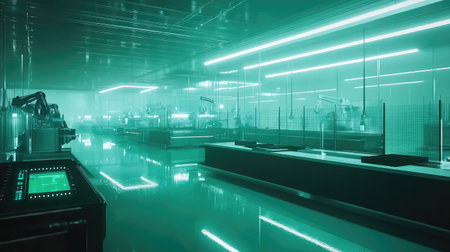 Advanced smart factory with automated systems managing production and assembly lines, robotic arms and digital control displays visible, glowing futuristic lighting with copy space.の素材