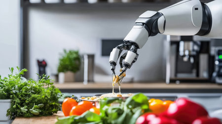 AI-powered robotic arms handling food processing in a futuristic automated kitchen, digital transformation in food industry with copy space.の素材