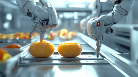 AI-powered robotic arms handling food processing in a futuristic automated kitchen, digital transformation in food industry with copy space.の素材