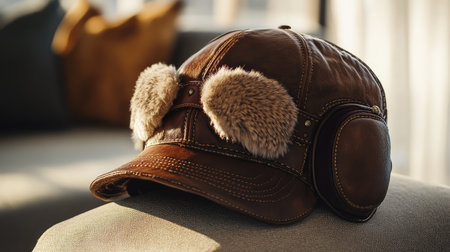 An aviator hat with fur lining, placed on a beige fabric surface with soft, diffused light, offering plenty of room for fashion messaging.の素材