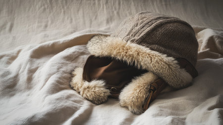 An aviator hat with fur lining, placed on a beige fabric surface with soft, diffused light, offering plenty of room for fashion messaging.の素材