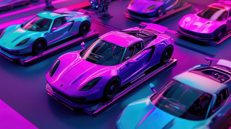 AI-powered robotic arms painting cars in an automated assembly line, futuristic automotive manufacturing background with copy space.の素材