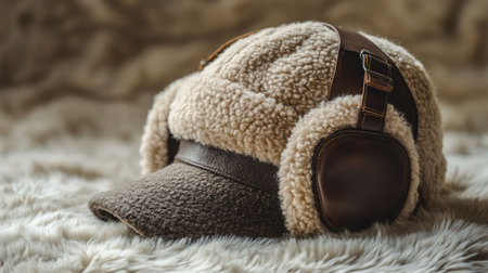 An aviator hat with ear flaps and leather straps, placed on a soft wool fabric background with warm light, creating space for text.の素材