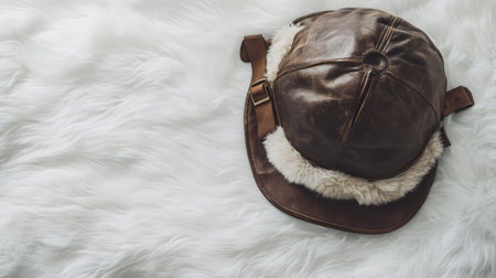 An aviator hat with leather straps, positioned on a white faux fur background, creating space above for fashion-related text.の素材