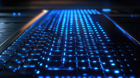 AI-powered robotic hand typing on a futuristic keyboard, digital automation concept with glowing blue technology interface and copy space.の素材