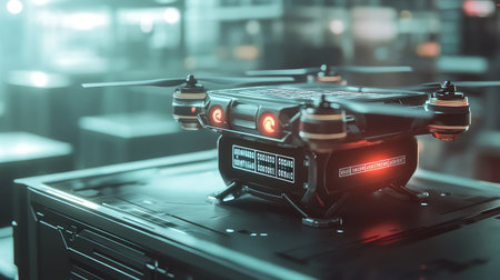 AI-powered robotic drone scanning barcodes in a high-tech warehouse, advanced logistics automation with copy space for futuristic technology.の素材