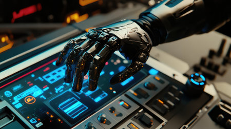AI-powered robotic hand interacting with a futuristic control panel in an industrial setting, advanced automation concept with copy space.の素材