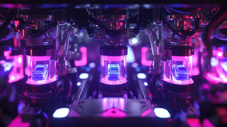 AI-powered robotic arms assembling smart devices with micro precision in an advanced factory, glowing futuristic background and copy space.の素材