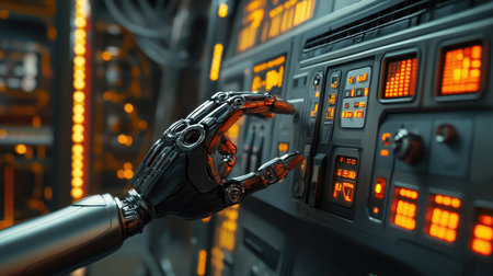 AI-powered robotic hand interacting with a futuristic control panel in an industrial setting, advanced automation concept with copy space.の素材