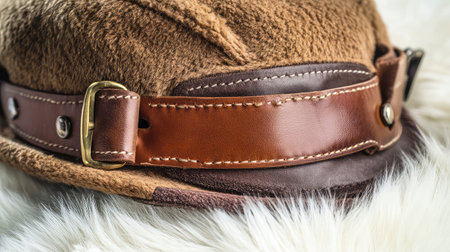 An aviator hat with leather straps, positioned on a white faux fur background, creating space above for fashion-related text.の素材