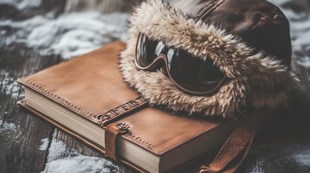 An aviator hat with faux fur trim, resting on a leather-bound journal, with warm ambient lighting and plenty of space for messaging.の素材