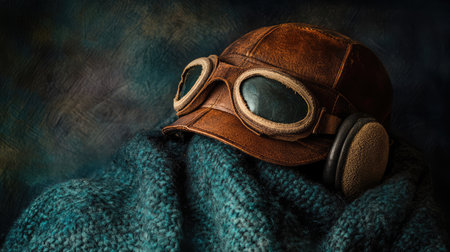 An aviator hat with a leather finish, resting on a textured fabric with soft, muted lighting and space above for text.の素材