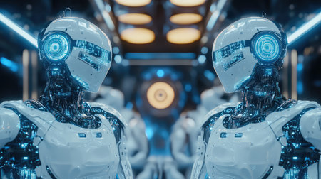 AI-powered machines in a smart factory managing production, robotic arms assembling goods with digital systems and glowing neon lights, clean and futuristic background with copy space.の素材