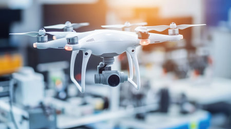 AI-powered robotic arms assembling drone parts in a futuristic cleanroom, high-tech aerospace automation with copy space.の素材