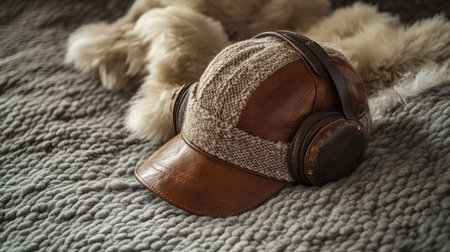 An aviator hat with leather finish, resting on a textured wool surface, with natural light highlighting its features and room for text.の素材