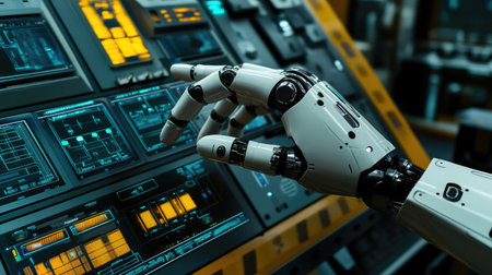AI-powered robotic hand interacting with a futuristic control panel in an industrial setting, advanced automation concept with copy space.の素材