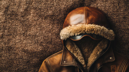 An aviator cap with fur lining, placed on a smooth wool fabric, with soft lighting and room for fashion-related copy.の素材