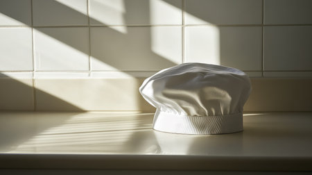An elegant chef hat resting on a light-colored kitchen surface, with soft, natural light casting gentle shadows and space for messaging.の素材