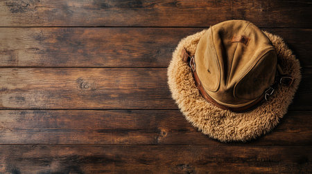 An aviator hat with a vintage look, resting on a dark wood surface with soft light and ample space for copy.の素材