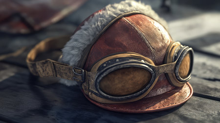 An aviator hat with a vintage look, resting on a dark wood surface with soft light and ample space for copy.の素材