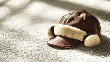 An aviator hat with a leather finish and ear flaps, lying on a textured gray surface, with sunlight casting soft shadows and room for text.の素材