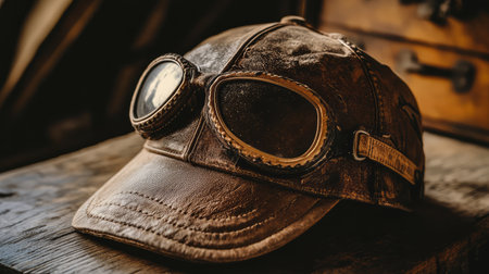 An aviator cap with a vintage design, resting on a rustic wooden table, with sunlight streaming in, leaving ample space for fashion messaging.の素材