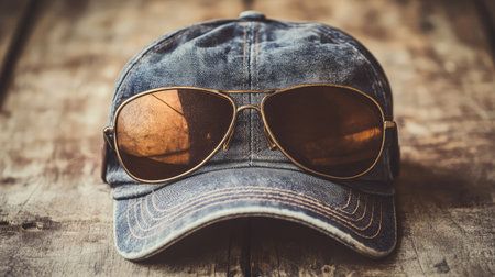 An aviator cap with a vintage design, resting on a rustic wooden table, with sunlight streaming in, leaving ample space for fashion messaging.の素材