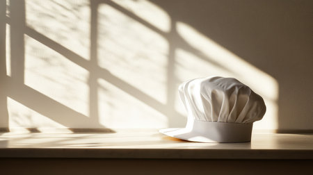 An elegant chef hat resting on a light-colored kitchen surface, with soft, natural light casting gentle shadows and space for messaging.の素材