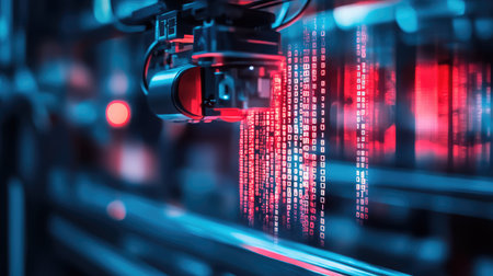 AI-powered robotic drone scanning barcodes in a high-tech warehouse, advanced logistics automation with copy space for futuristic technology.の素材