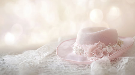 An elegant fascinator hat sitting on a lace tablecloth, with soft white light in the background providing room for copy.の素材