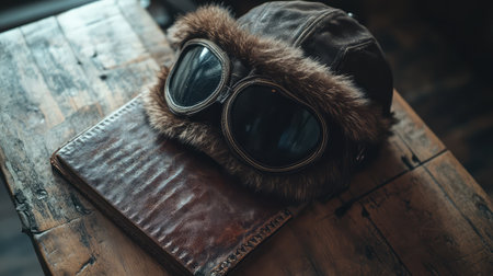 An aviator hat with faux fur trim, resting on a leather-bound journal, with warm ambient lighting and plenty of space for messaging.の素材