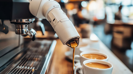 AI-powered robotic arm pouring coffee in a futuristic smart caf, digital transformation in food automation concept with copy space.の素材