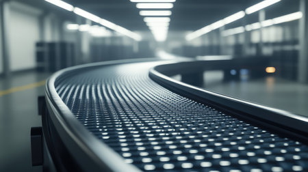 AI-powered smart automation in an advanced logistics hub, futuristic robotic conveyor systems in a digital cyberpunk setting with copy space.の素材