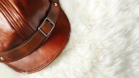 An aviator hat with leather straps, positioned on a white faux fur background, creating space above for fashion-related text.の素材