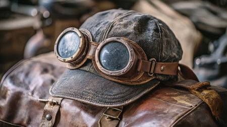 An aviator hat with vintage goggles, placed on a leather bag with a rustic background, offering clear space above for text.の素材