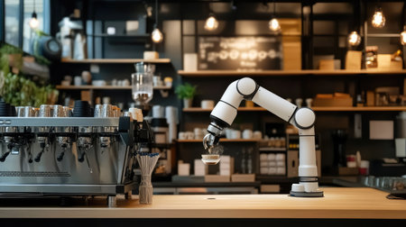 AI-powered robotic arm pouring coffee in a futuristic smart caf, digital transformation in food automation concept with copy space.の素材