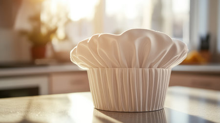 An elegant chef hat with a neat pleated design, resting on a countertop with bright natural light and room for messaging.の素材