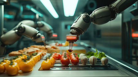 AI-powered robotic arms handling food processing in a futuristic automated kitchen, digital transformation in food industry with copy space.の素材