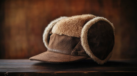 An aviator hat with ear flaps, resting on a dark wooden table, with a blurred background providing space for text.の素材