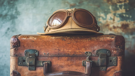An aviator hat resting on a vintage suitcase, with soft lighting and a clean background, offering space for text.の素材