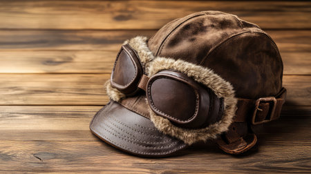 An aviator hat with leather straps and fur lining, placed on a warm wooden surface, with soft light and room above for fashion text.の素材