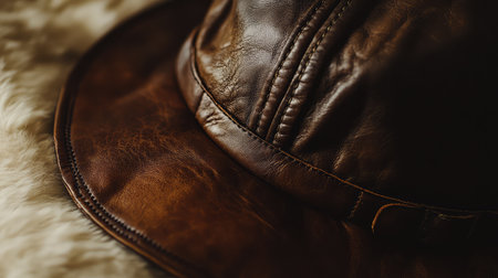 An aviator hat with a leather finish, resting on a textured fabric with soft, muted lighting and space above for text.の素材